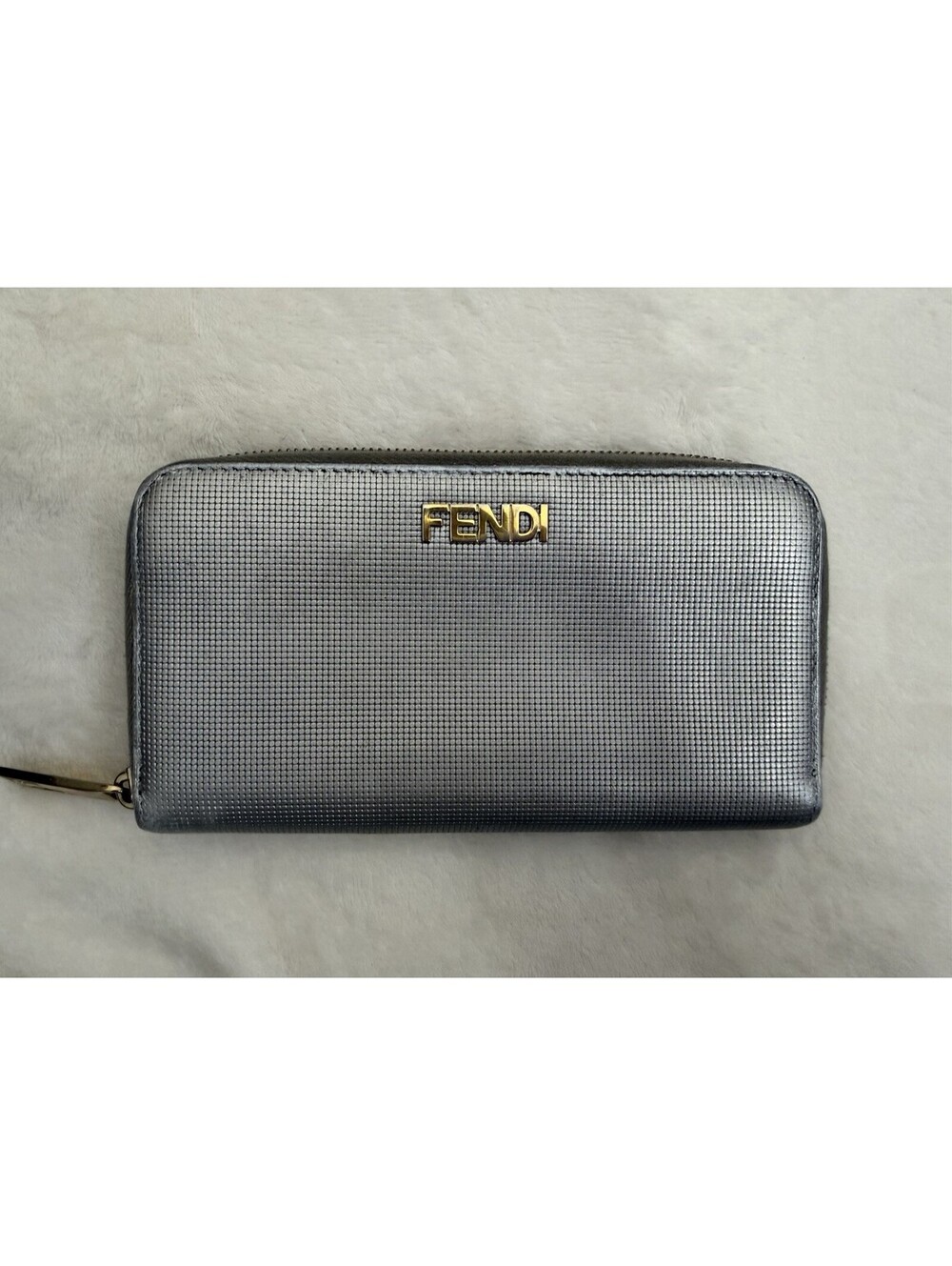 Authentic Rare Fendi Silver Textured Leather Zip Around Wallet With Dust Bag